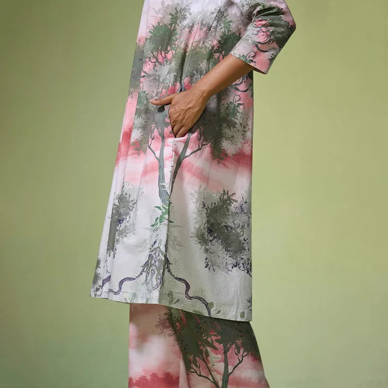 Linen Pink Kurta Set For Women | Printed | Light Pink