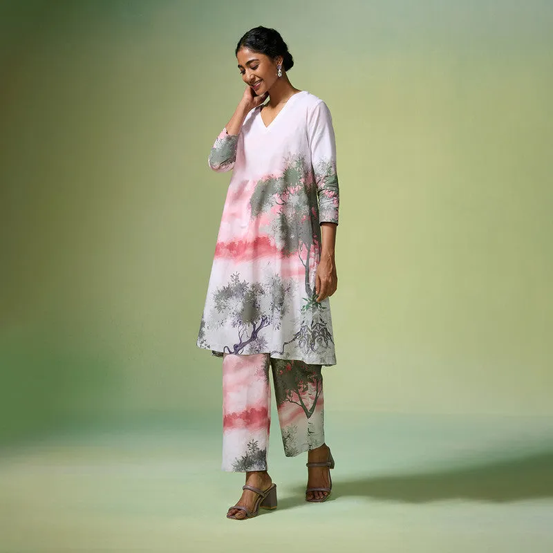 Linen Pink Kurta Set For Women | Printed | Light Pink