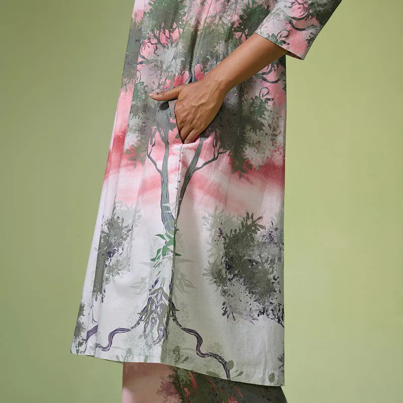 Linen Pink Kurta Set For Women | Printed | Light Pink