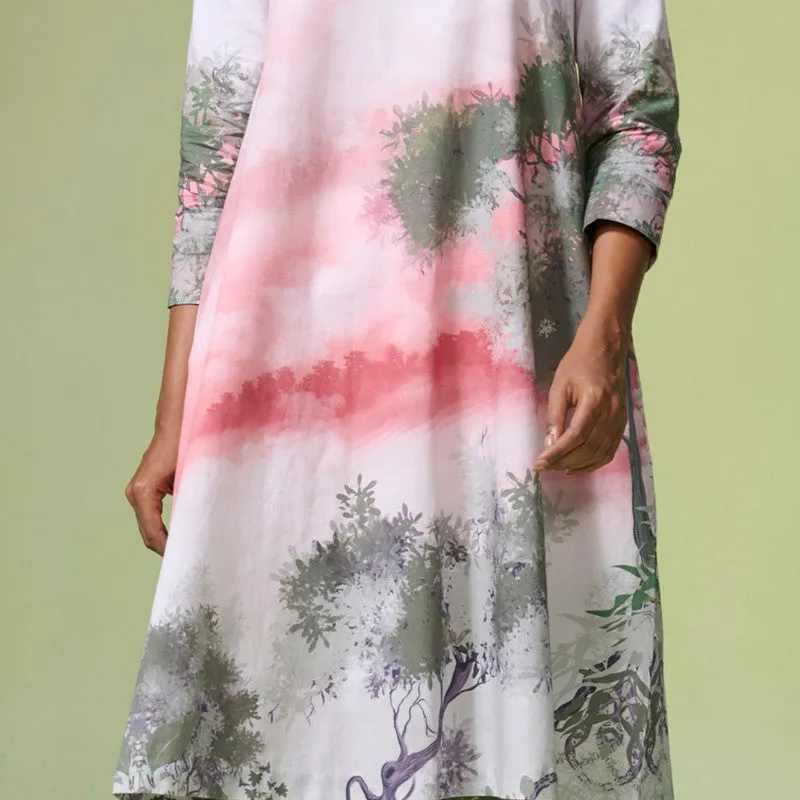 Linen Pink Kurta Set For Women | Printed | Light Pink