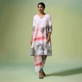 Linen Pink Kurta Set For Women | Printed | Light Pink