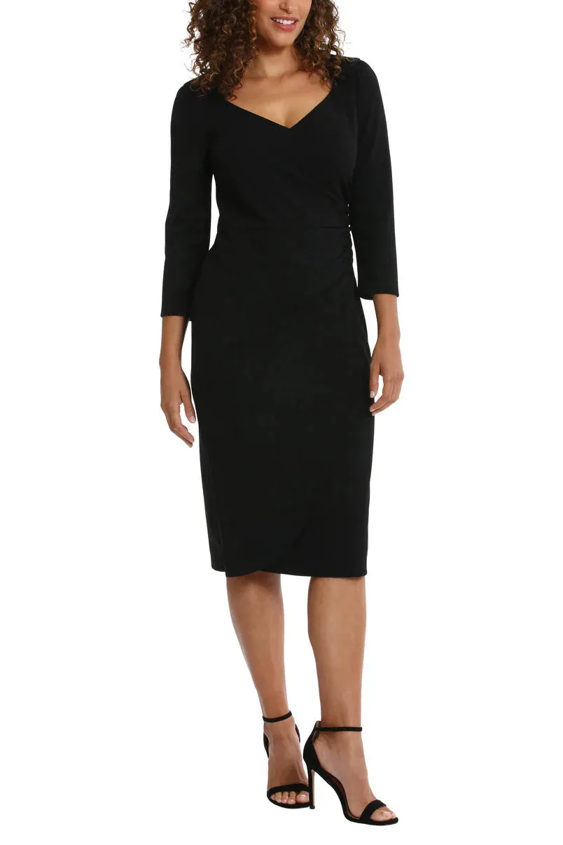 London Times Sweetheart Faux Wrap Side Ruched Midi Dress