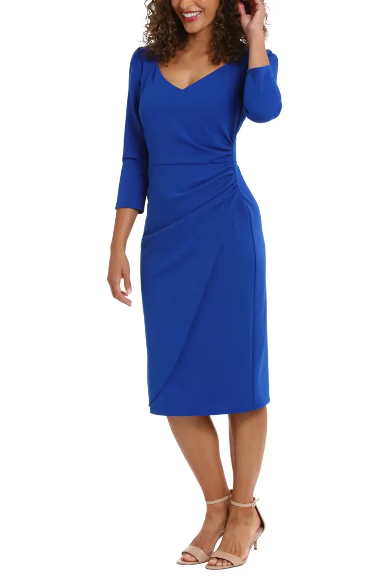 London Times Sweetheart Faux Wrap Side Ruched Midi Dress