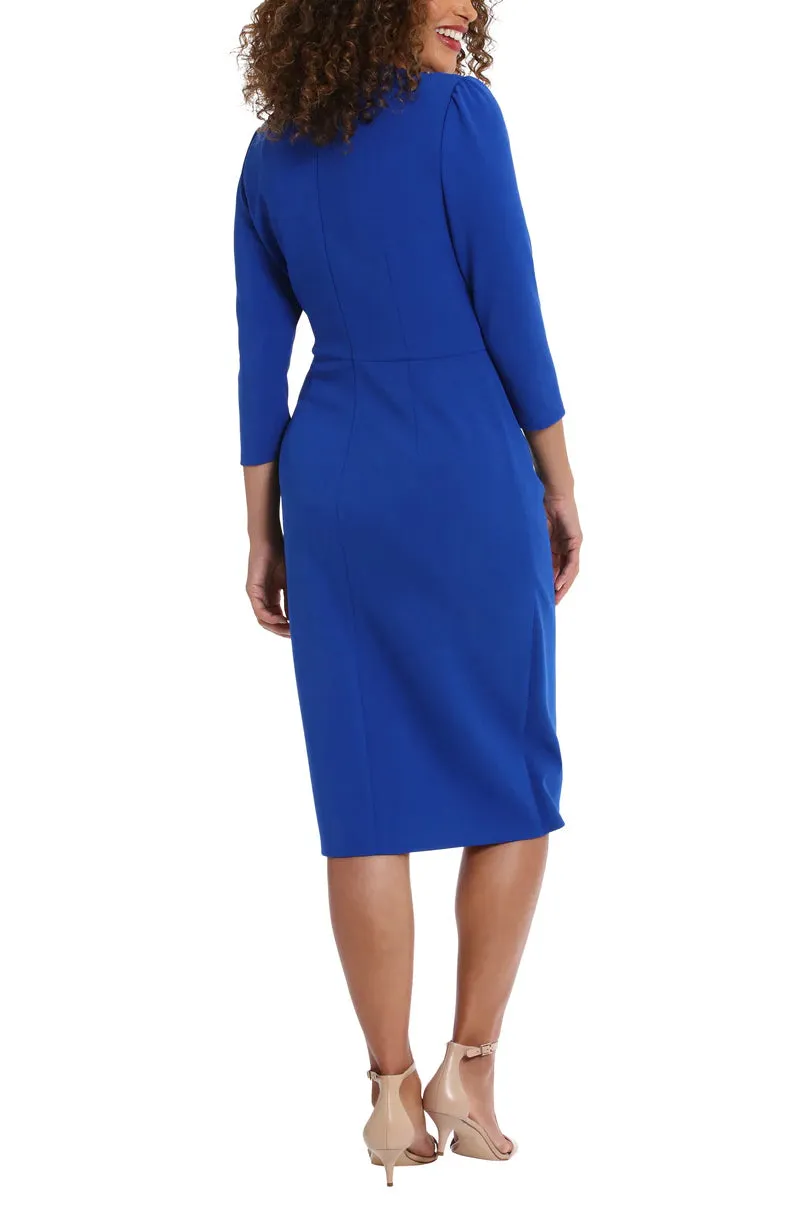 London Times Sweetheart Faux Wrap Side Ruched Midi Dress