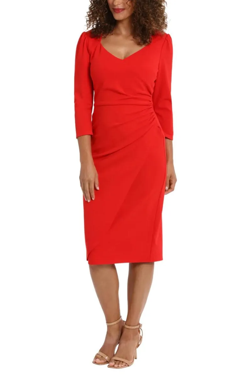 London Times Sweetheart Faux Wrap Side Ruched Midi Dress