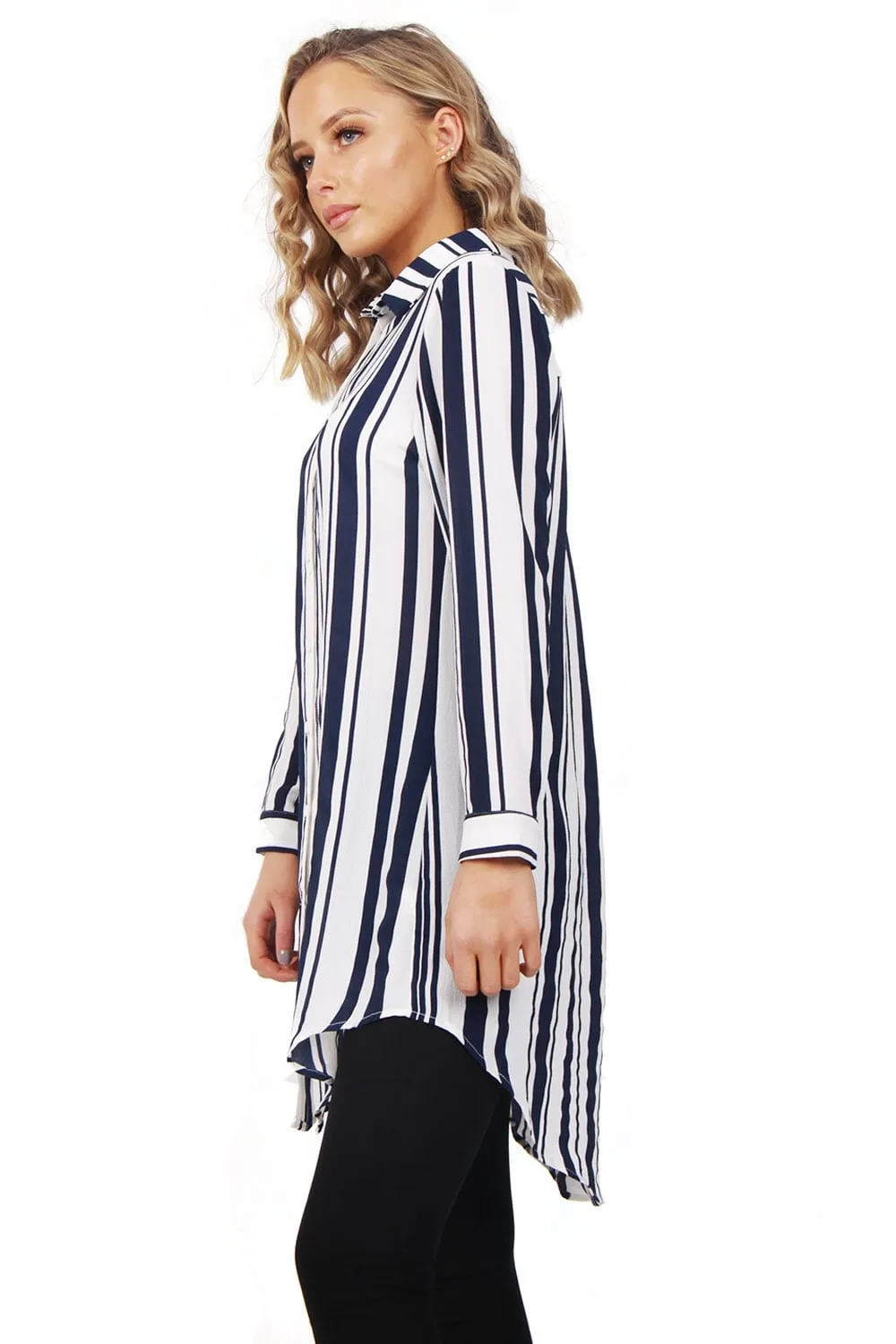 Long Sleeve Striped Shirt Dress With Curved Hem