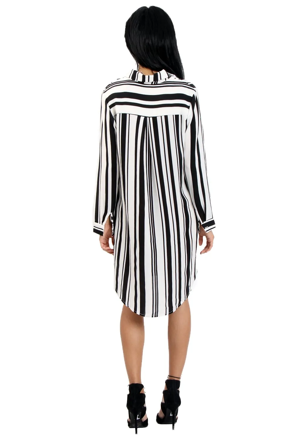 Long Sleeve Striped Shirt Dress With Curved Hem