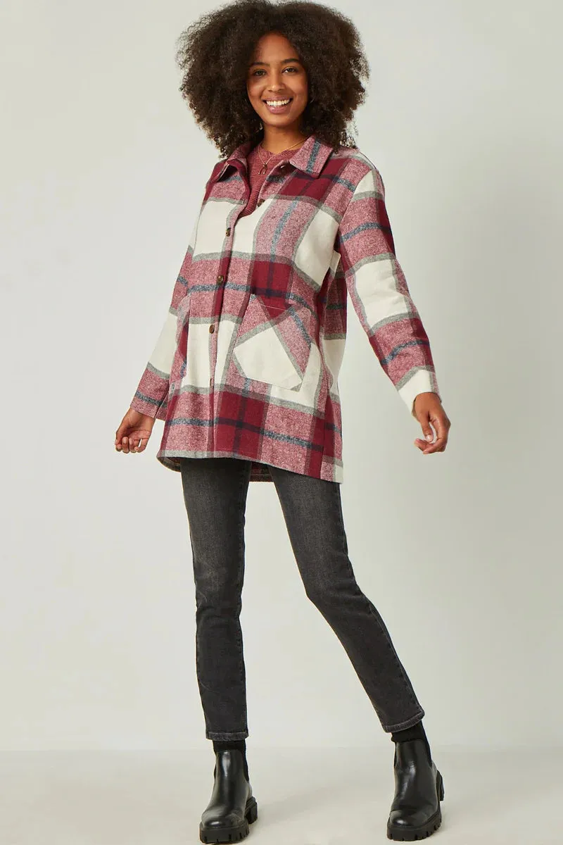 Mandy Misses Burgundy Plaid Shacket with Front Pockets S-L