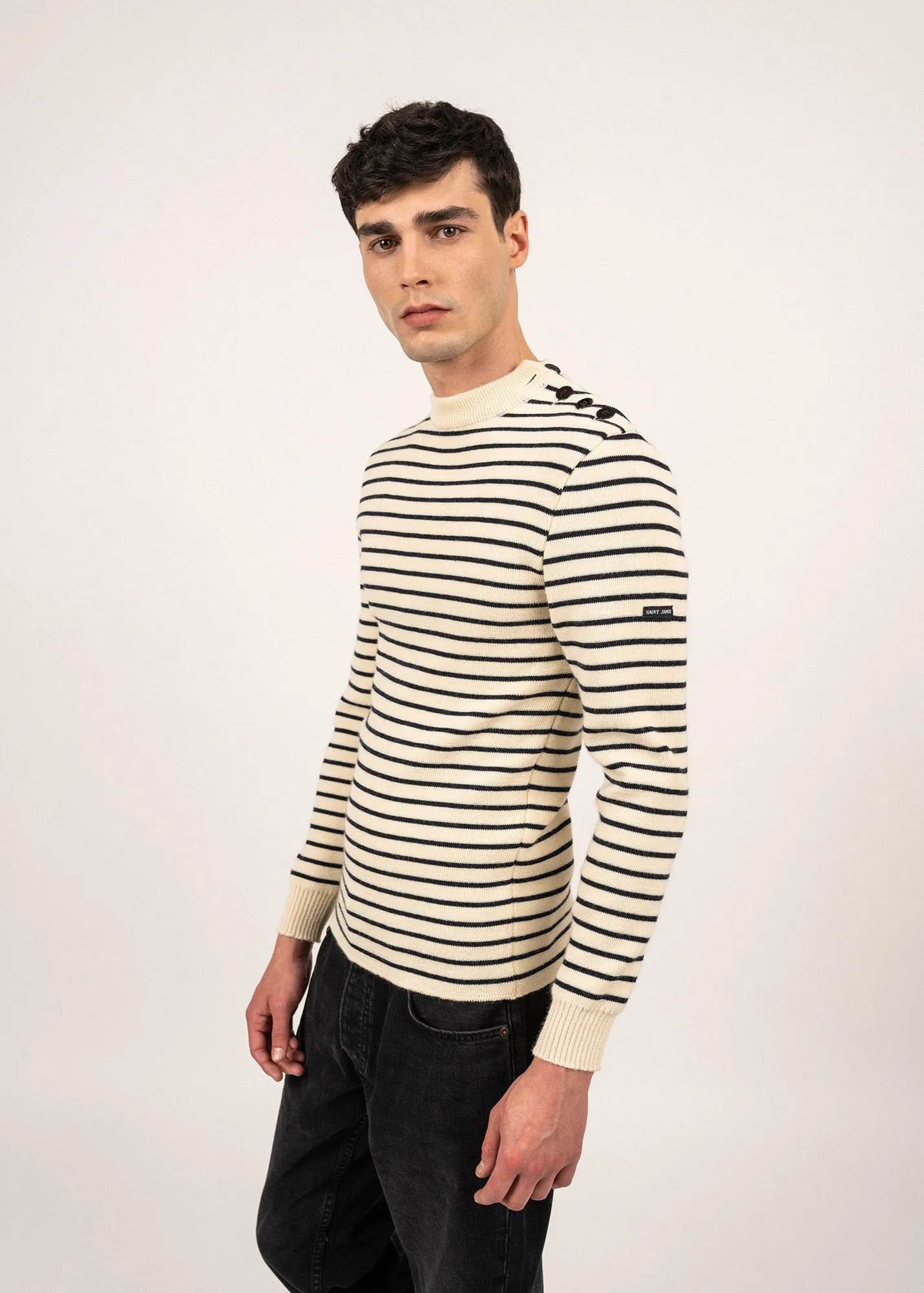 MATELOT - Authentic Striped Wool Fisherman Sweater with Button Shoulder |Slim Fit  (ECRU / NAVY)