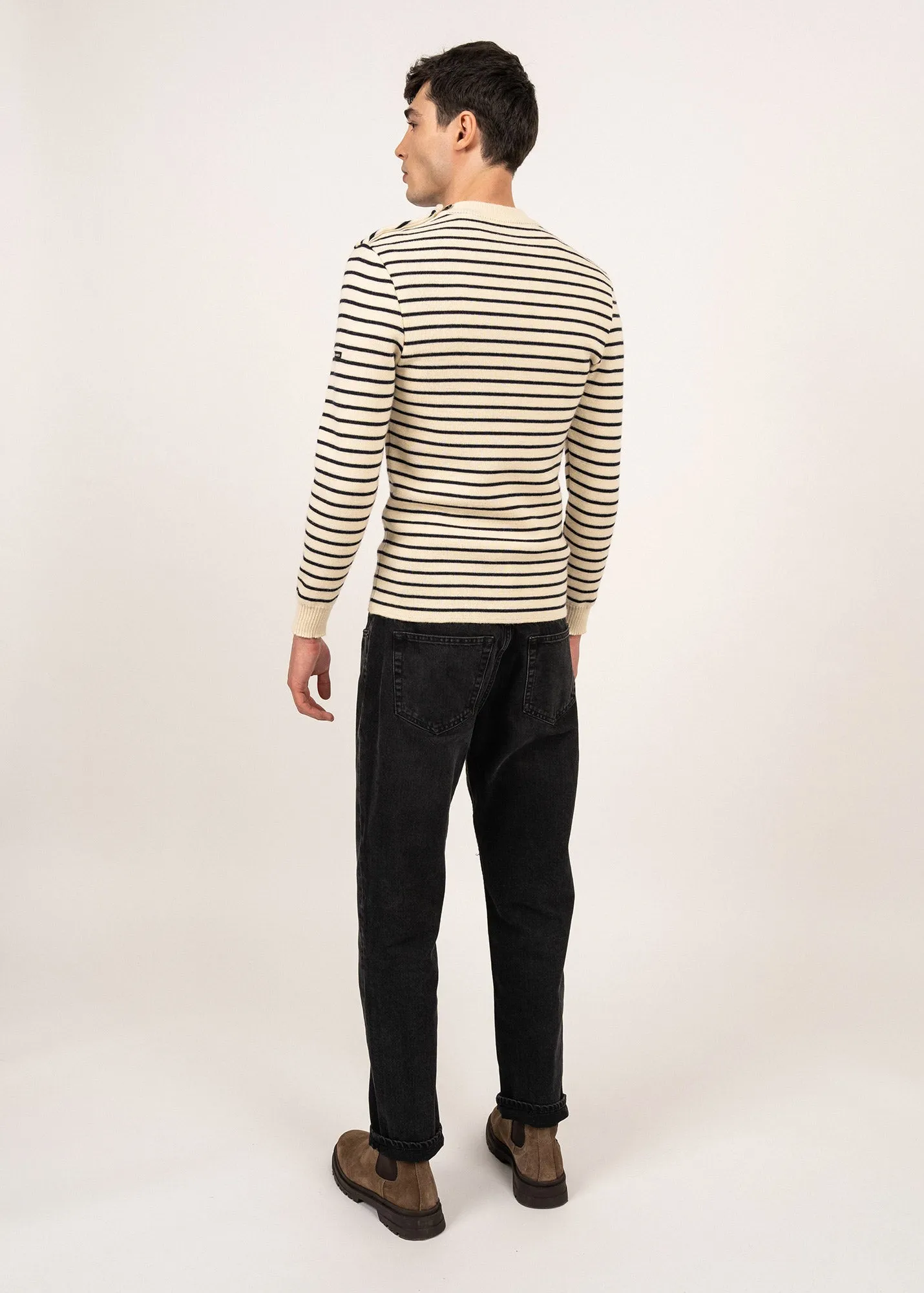 MATELOT - Authentic Striped Wool Fisherman Sweater with Button Shoulder |Slim Fit  (ECRU / NAVY)