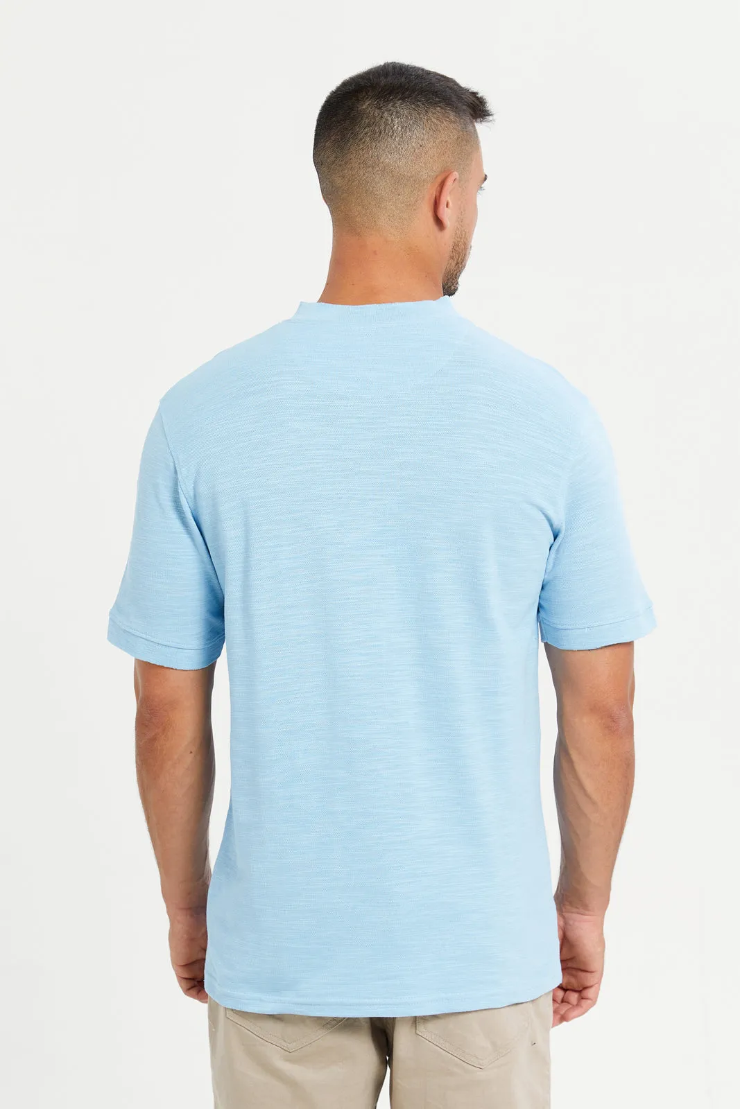 Men Blue Solid Henley Polo T-Shirt