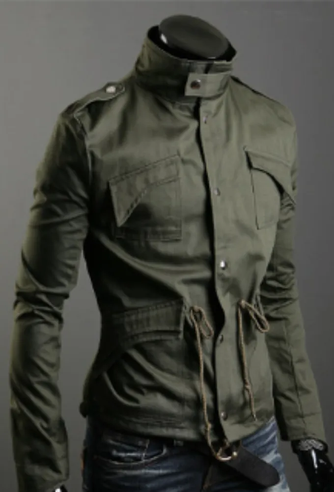 Mens Green Stand Up Collar Short Parka