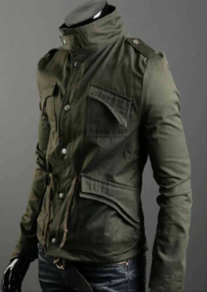 Mens Green Stand Up Collar Short Parka