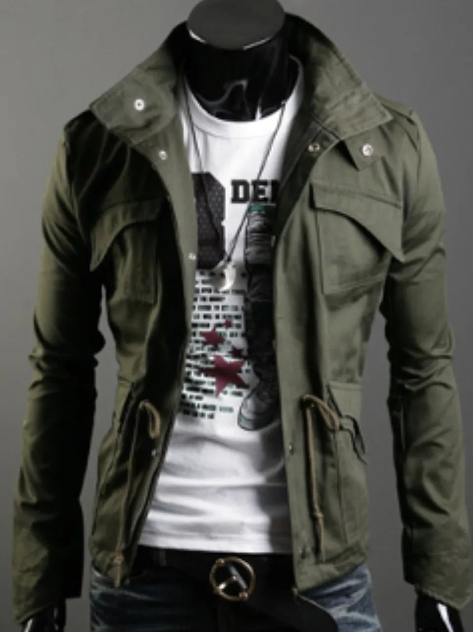 Mens Green Stand Up Collar Short Parka