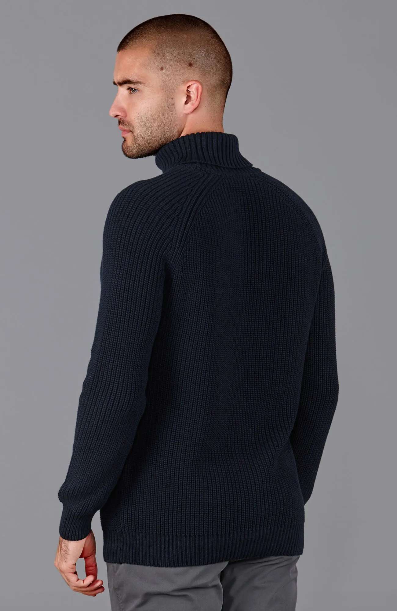 Mens Midweight Cotton Fisherman Rib Knit Roll Neck Jumper