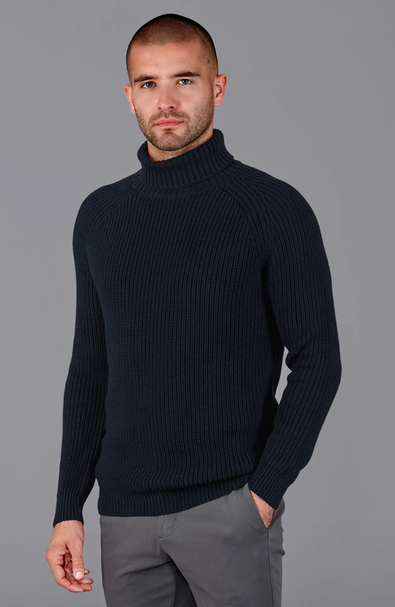 Mens Midweight Cotton Fisherman Rib Knit Roll Neck Jumper