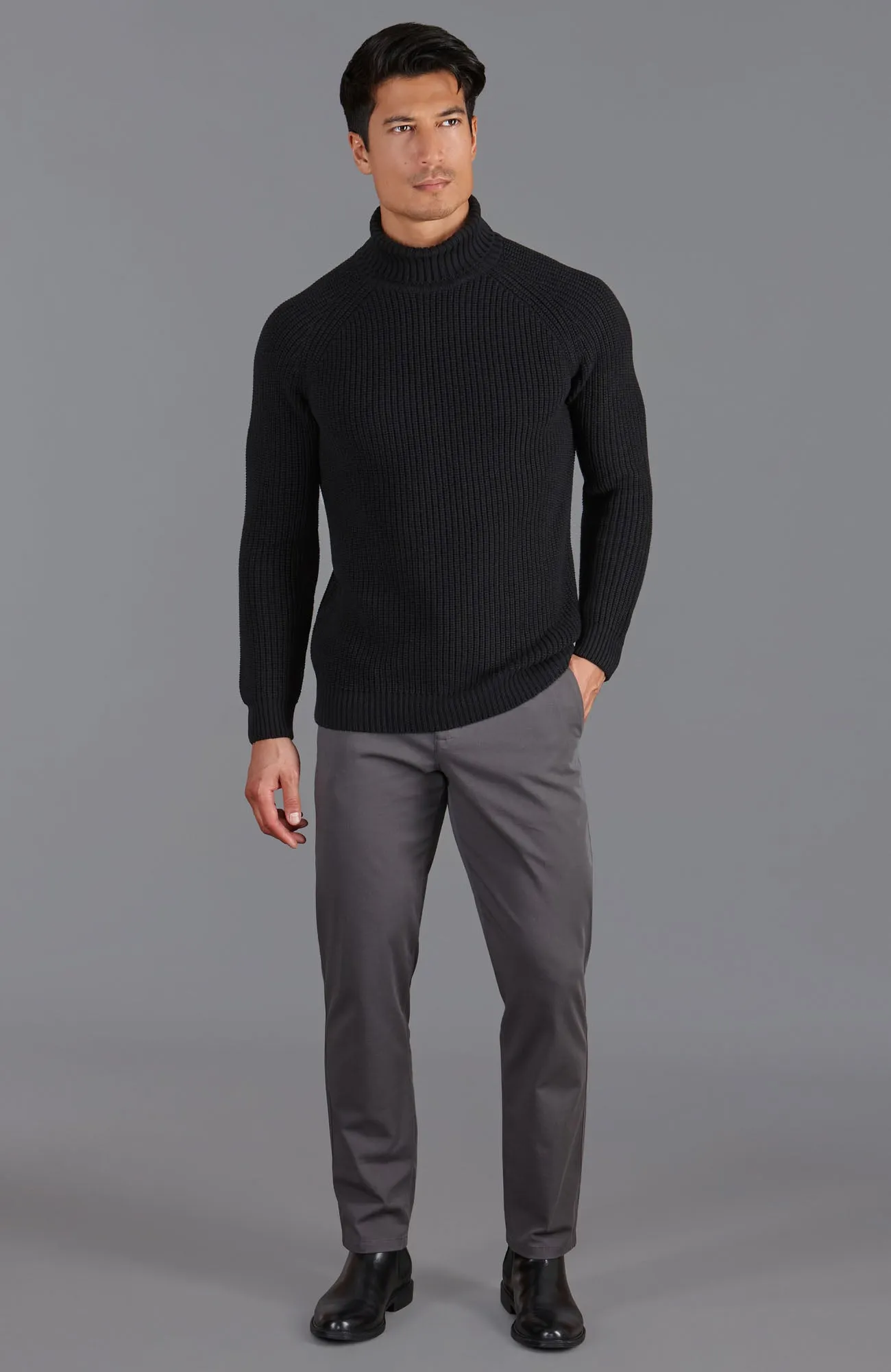 Mens Midweight Cotton Fisherman Rib Knit Roll Neck Jumper