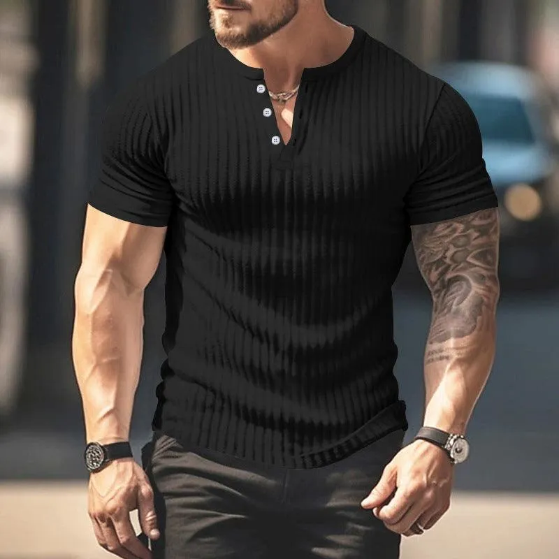 Men's Short Sleeve Top Sunken Stripe V-neck Slim Fit Henley T-shirt