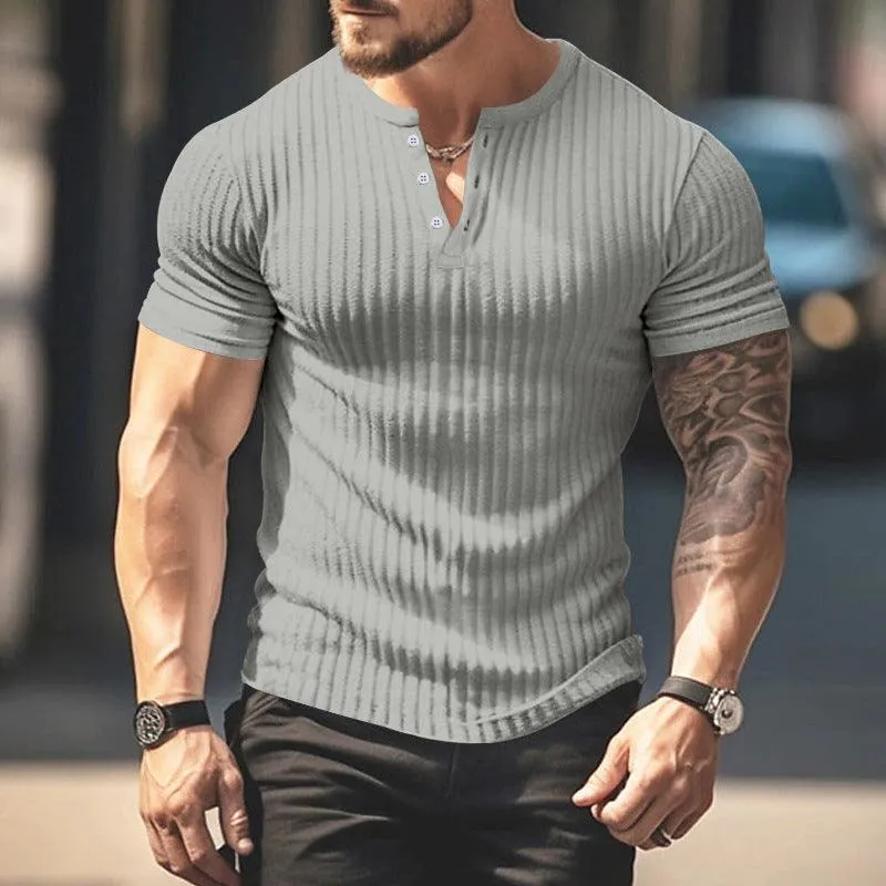 Men's Short Sleeve Top Sunken Stripe V-neck Slim Fit Henley T-shirt