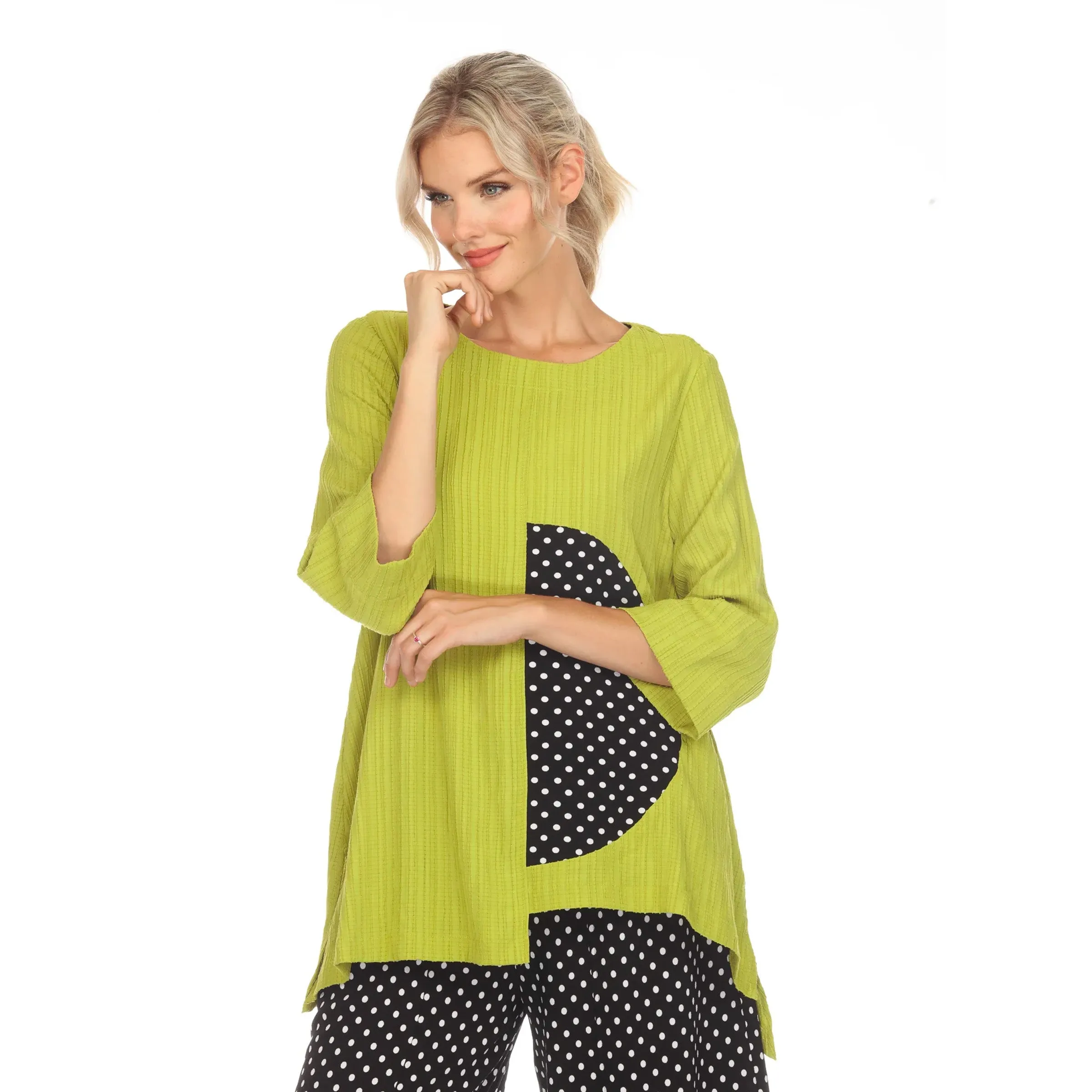 Moonlight Polka-Dot Trim Asymmetric Tunic in Lime/Black/White - 3746