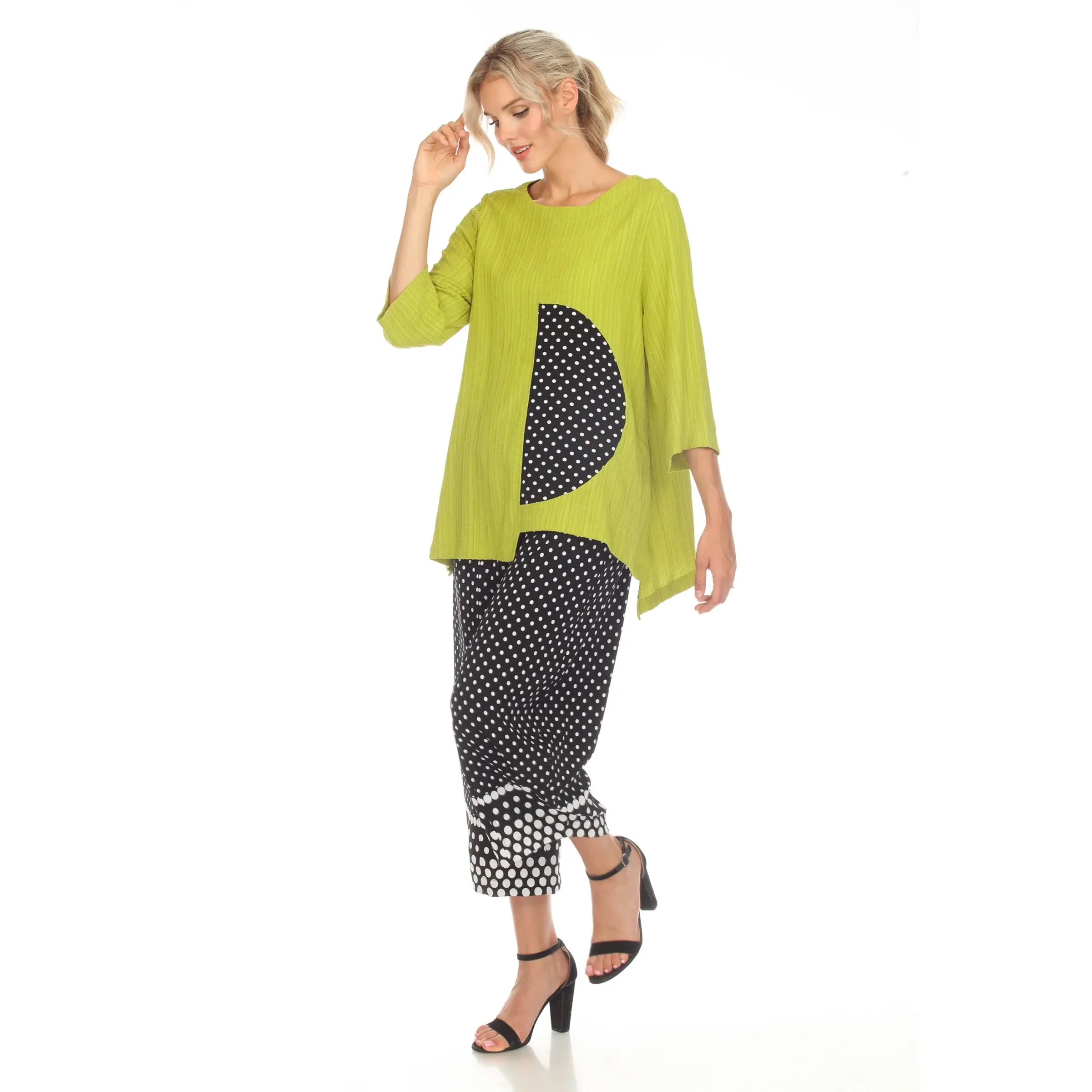 Moonlight Polka-Dot Trim Asymmetric Tunic in Lime/Black/White - 3746