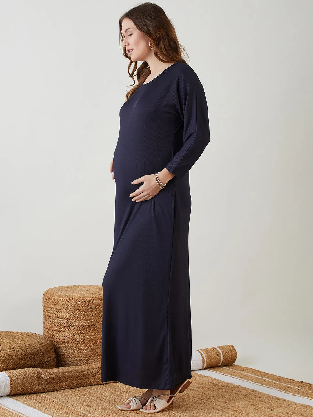 Navy Blue Rib Maternity Dress