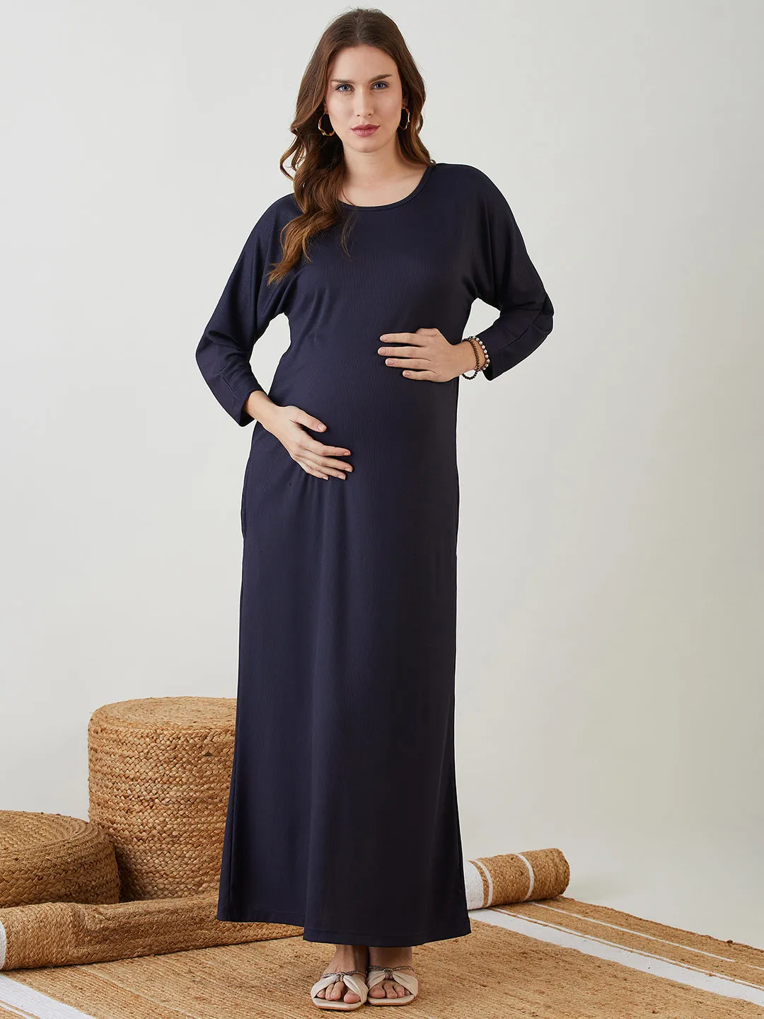 Navy Blue Rib Maternity Dress