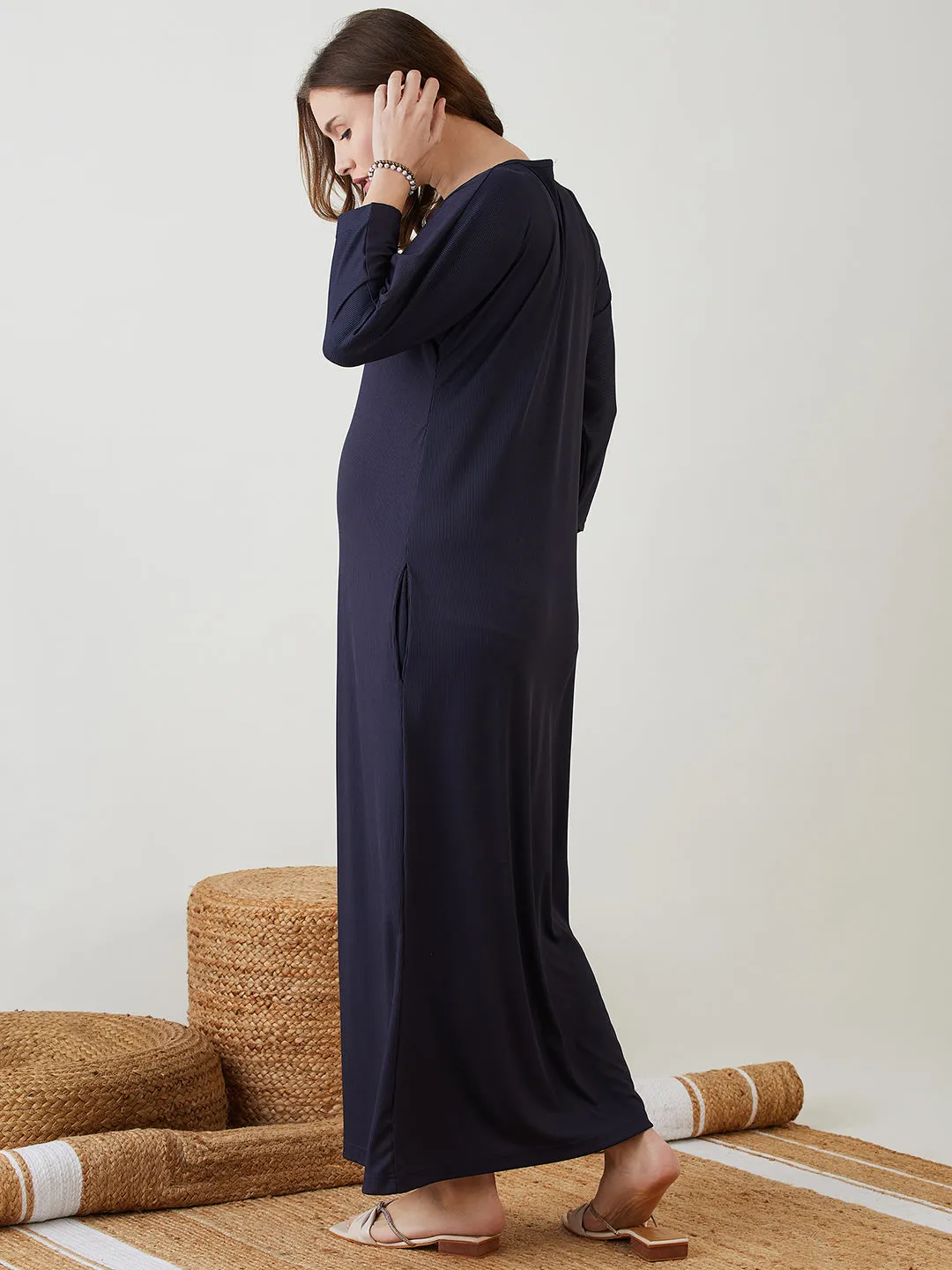 Navy Blue Rib Maternity Dress