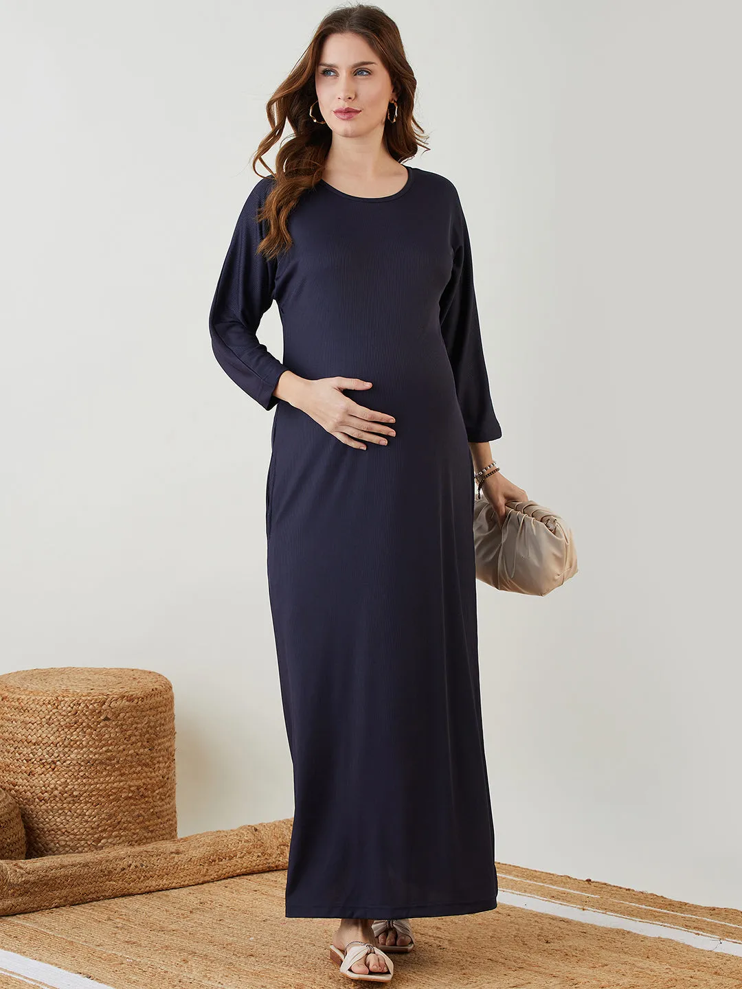 Navy Blue Rib Maternity Dress