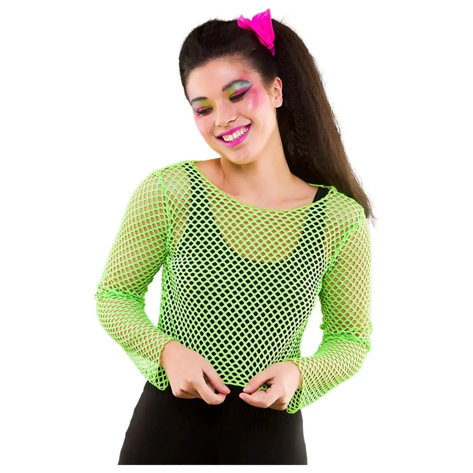 Neon Mesh Top Long Sleeve Retro 80s Fishnet Fancy Dress