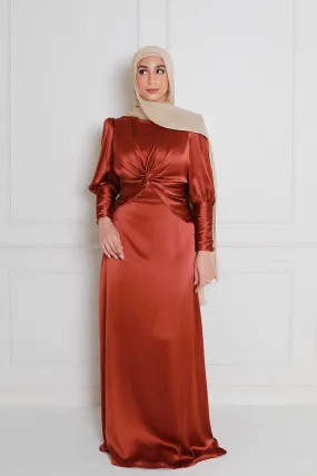 Olivia Wrap Satin Dress- Burnt Orange