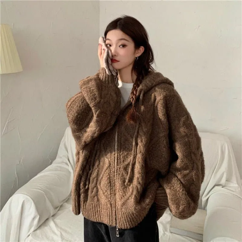 Oversize Knitted Cardigan - Cozy Hooded Collar & Puff Sleeves