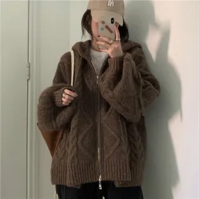 Oversize Knitted Cardigan - Cozy Hooded Collar & Puff Sleeves