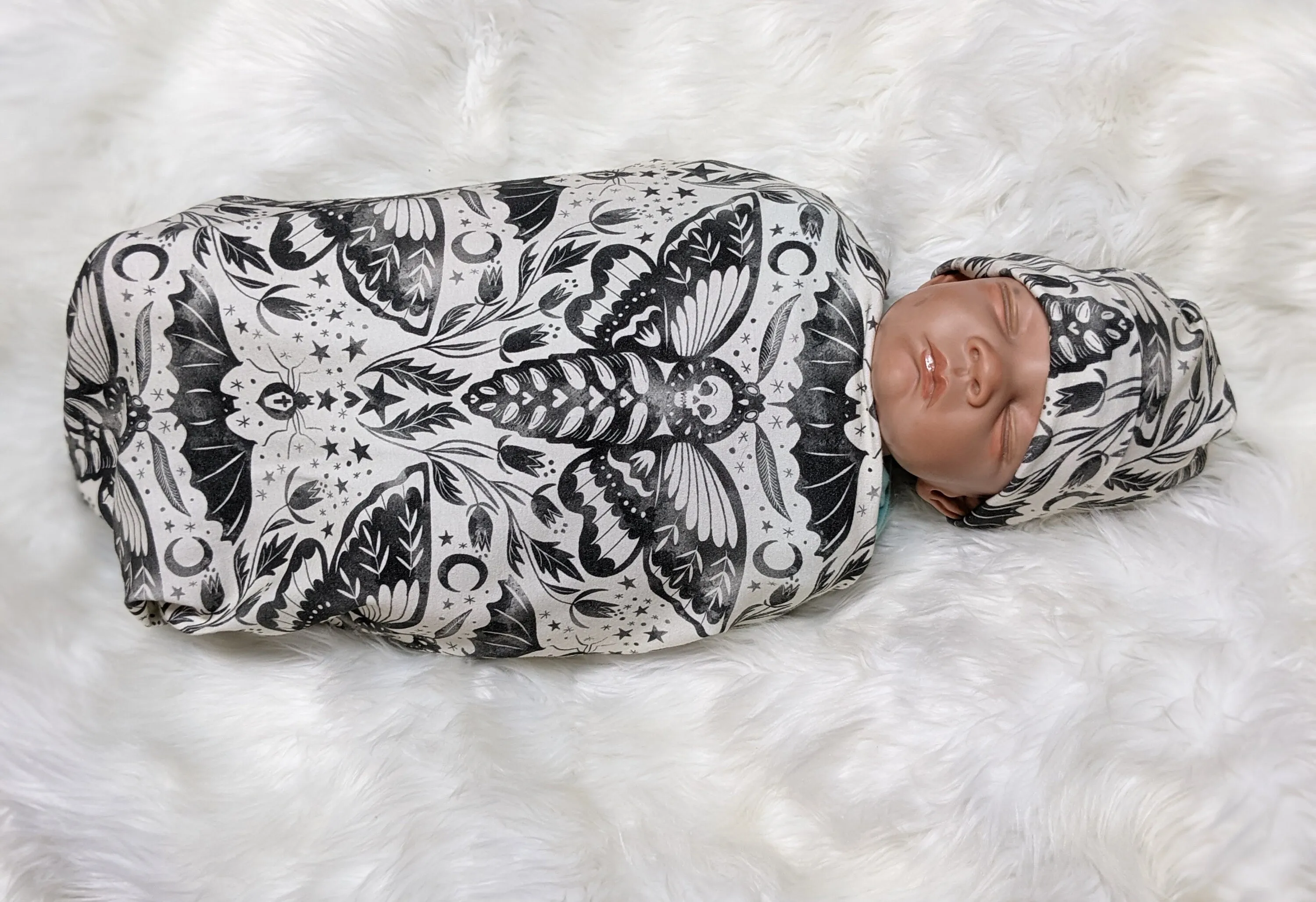 Pastel Goth Baby Swaddle,Enchanted Deaths Head Hawkmoth Damask Blanket   Band or Hat,Boho Baby Clothes,Hippie Baby,Floral Occult Skull