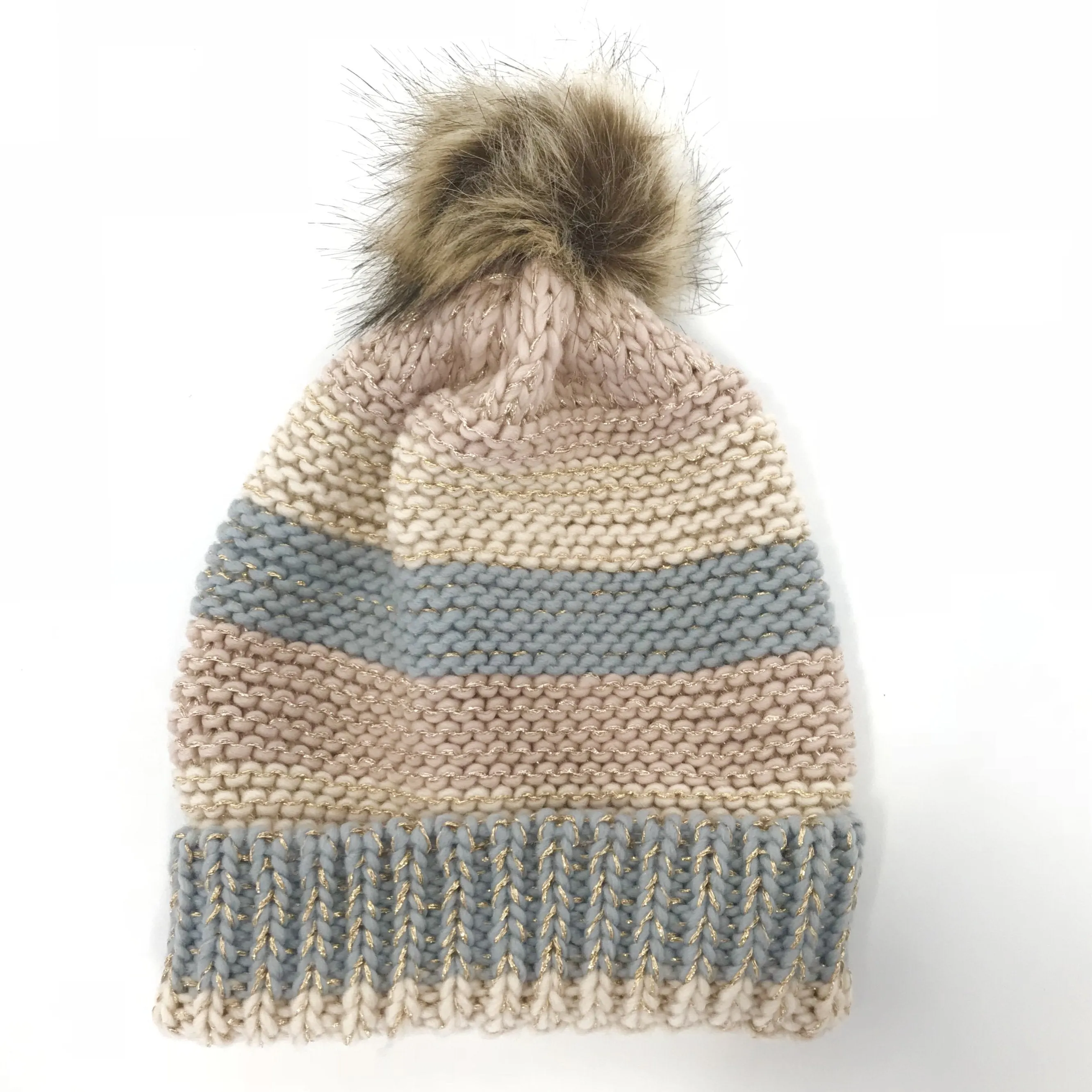 Pastel Striped Knit Beanie Hat with Fur Pom