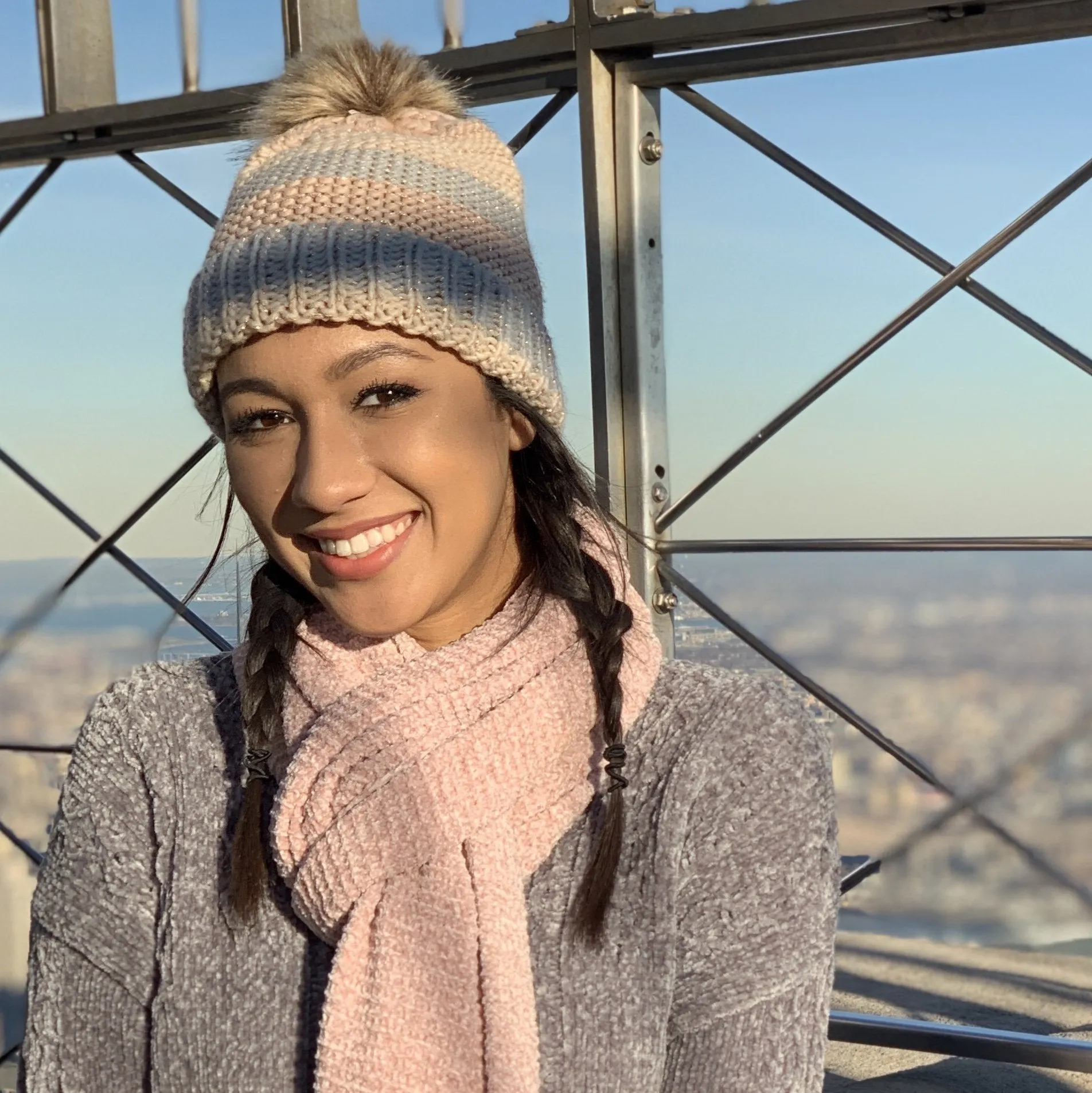 Pastel Striped Knit Beanie Hat with Fur Pom