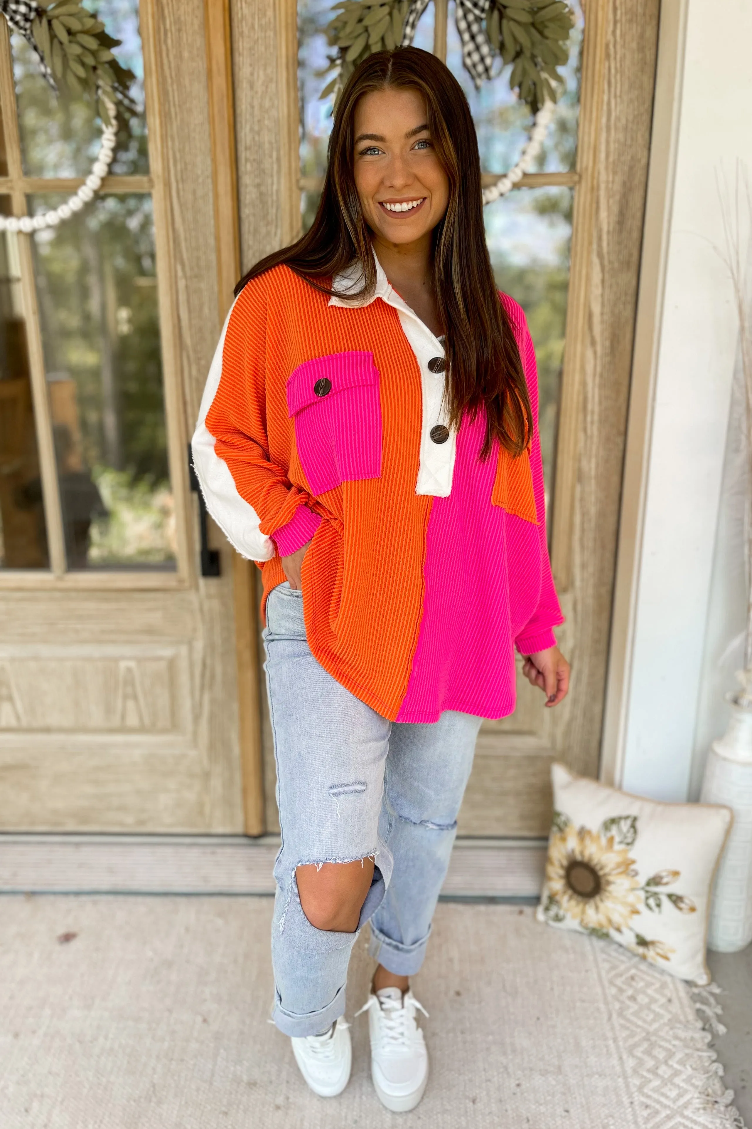 Paulie Colorblock Ribbed Oversized Button Front Tunic Top *FINAL SALE*