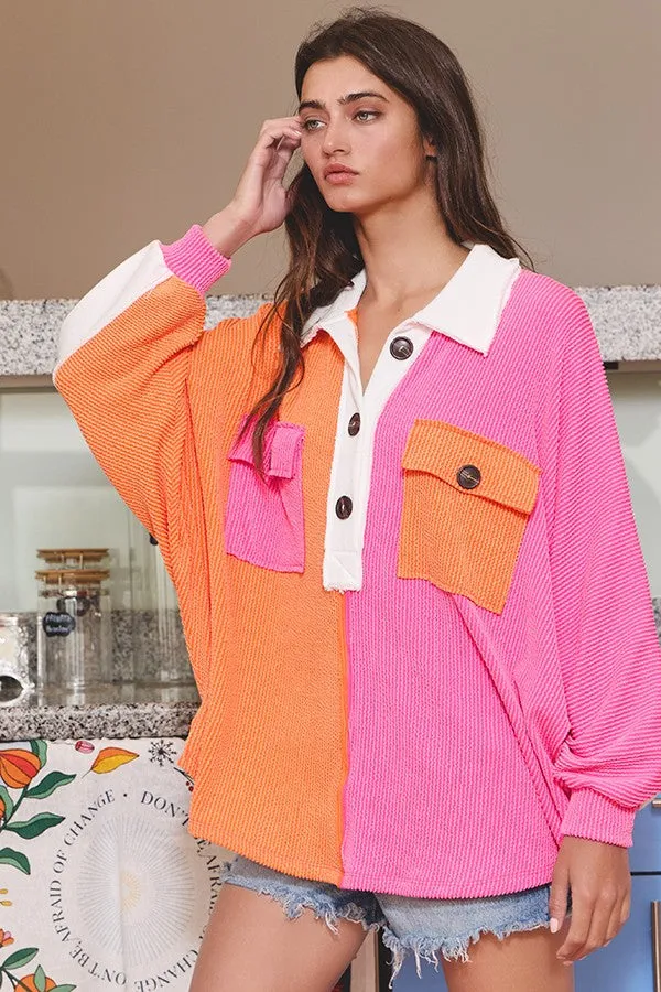 Paulie Colorblock Ribbed Oversized Button Front Tunic Top *FINAL SALE*