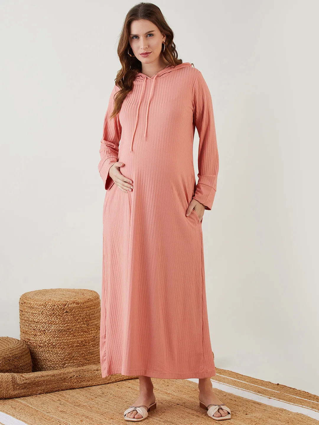 Peach Hooded Rib Maternity Dress