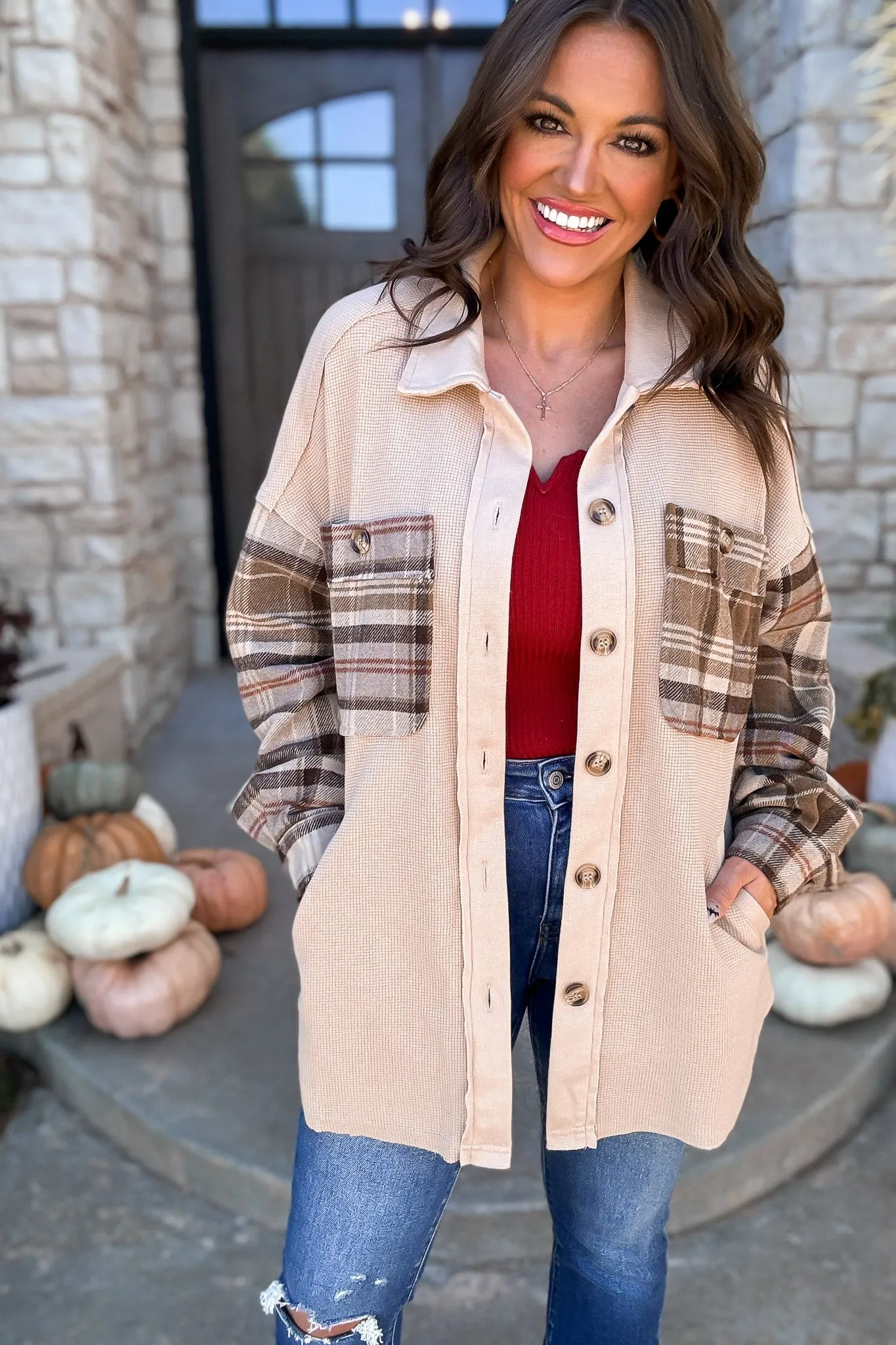 Perfectly In Season Oatmeal Thermal Knit Plaid Shacket