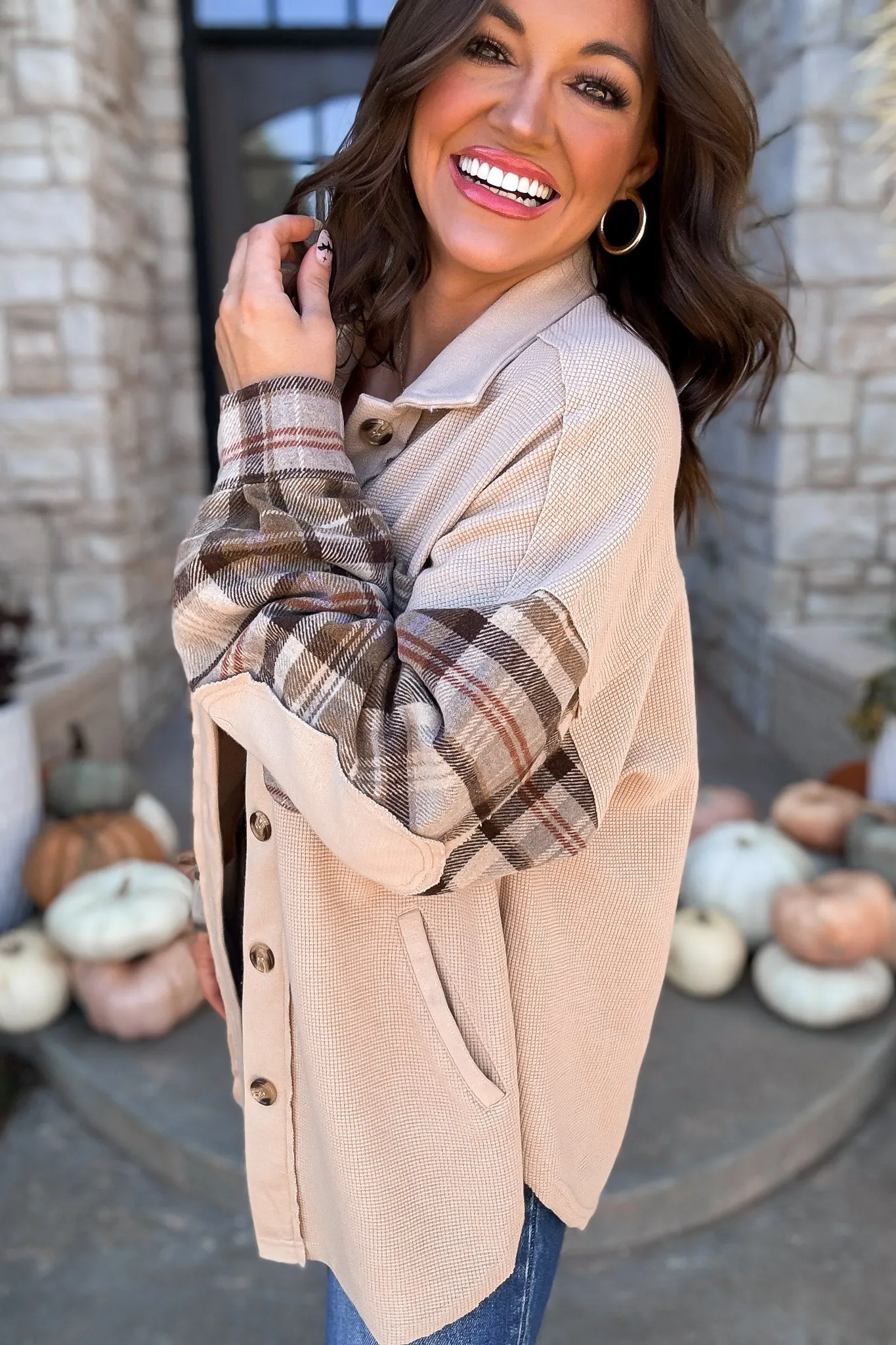 Perfectly In Season Oatmeal Thermal Knit Plaid Shacket