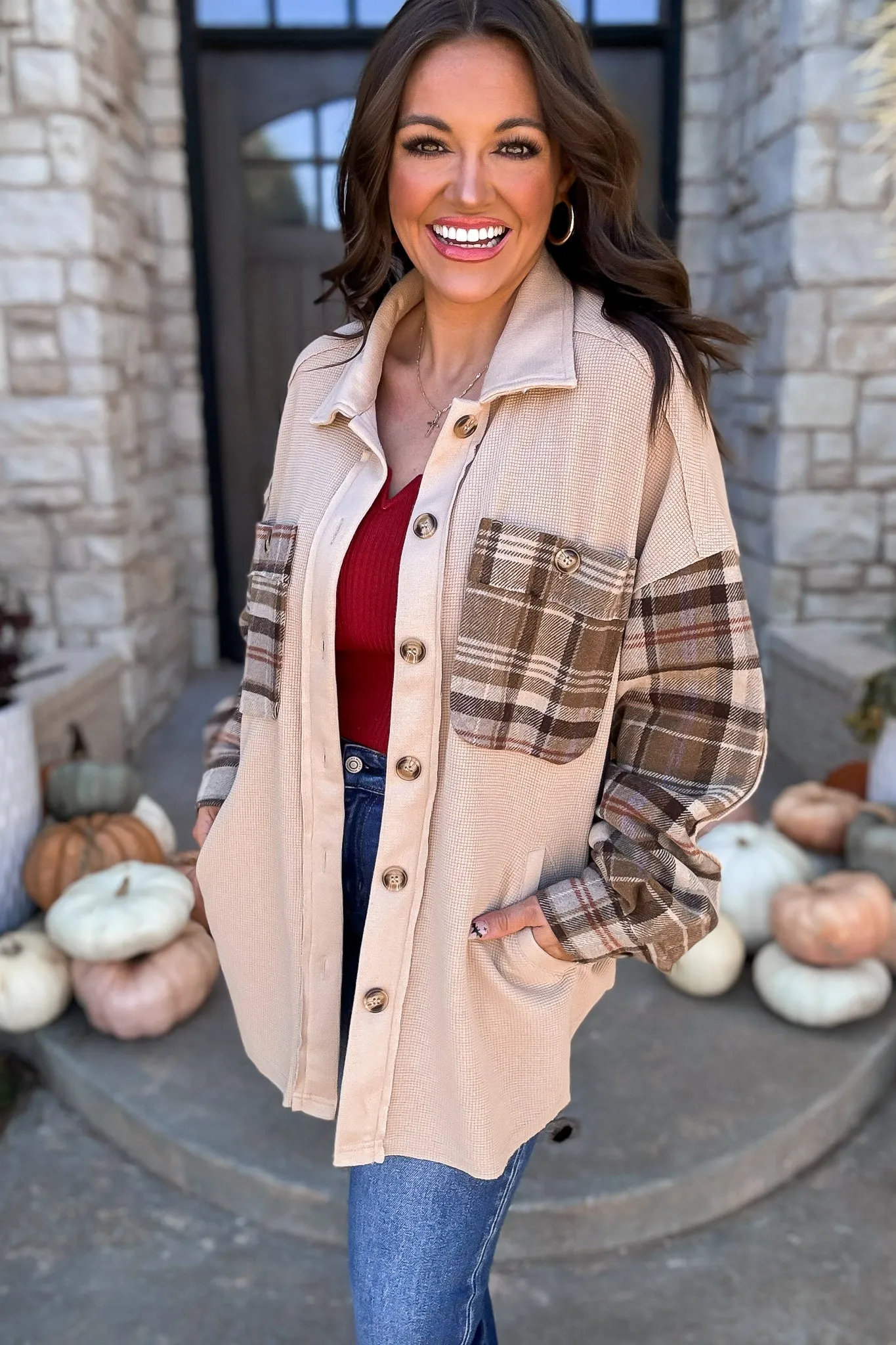 Perfectly In Season Oatmeal Thermal Knit Plaid Shacket