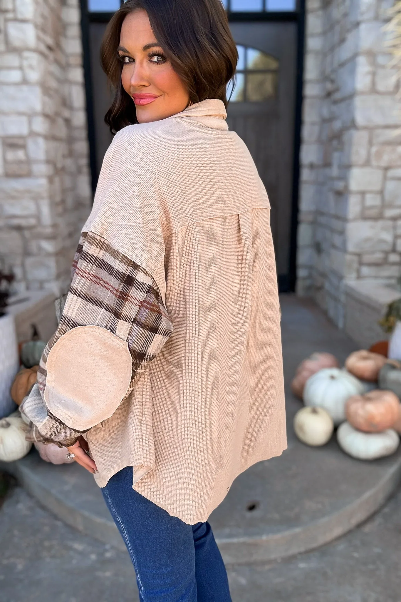 Perfectly In Season Oatmeal Thermal Knit Plaid Shacket