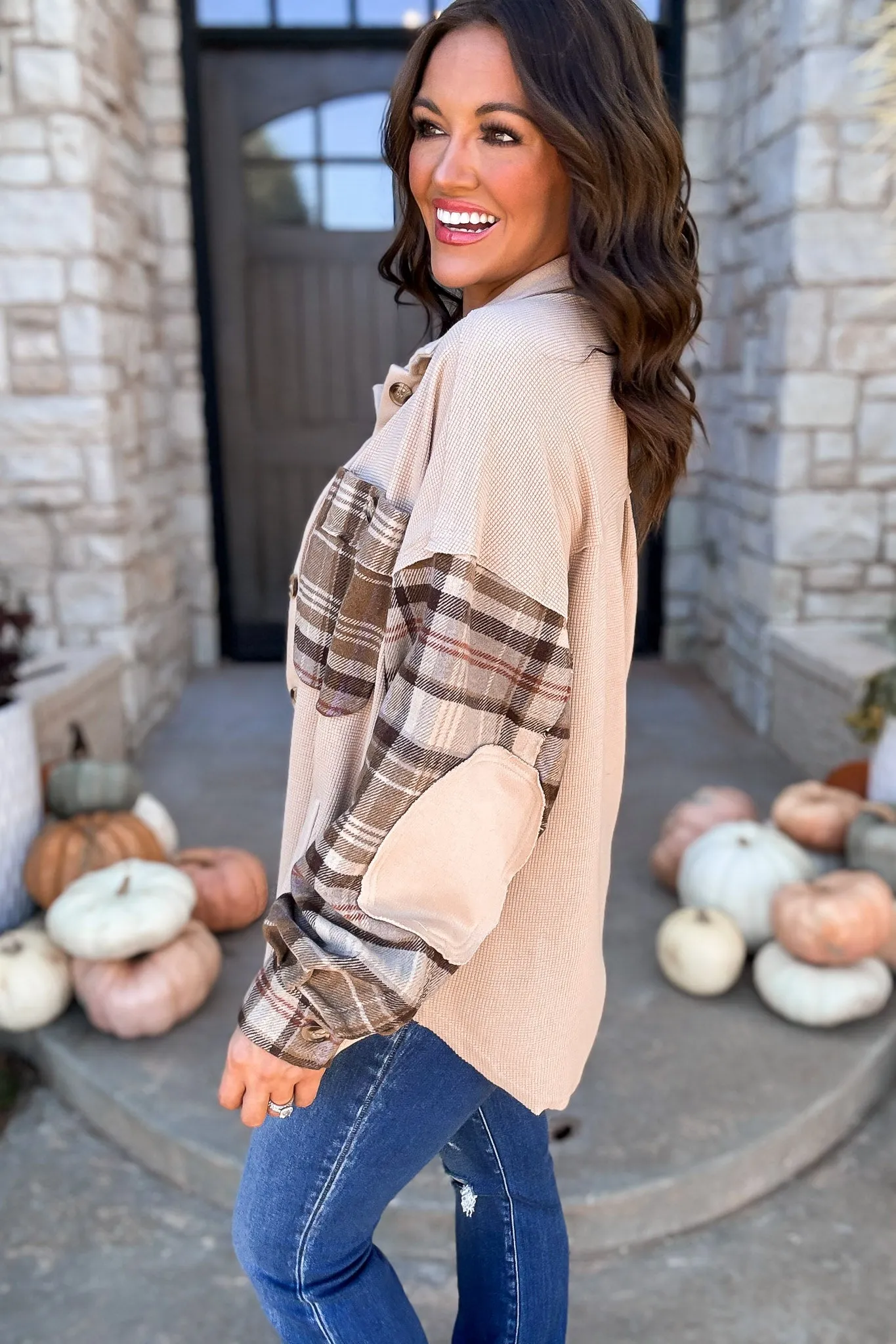 Perfectly In Season Oatmeal Thermal Knit Plaid Shacket