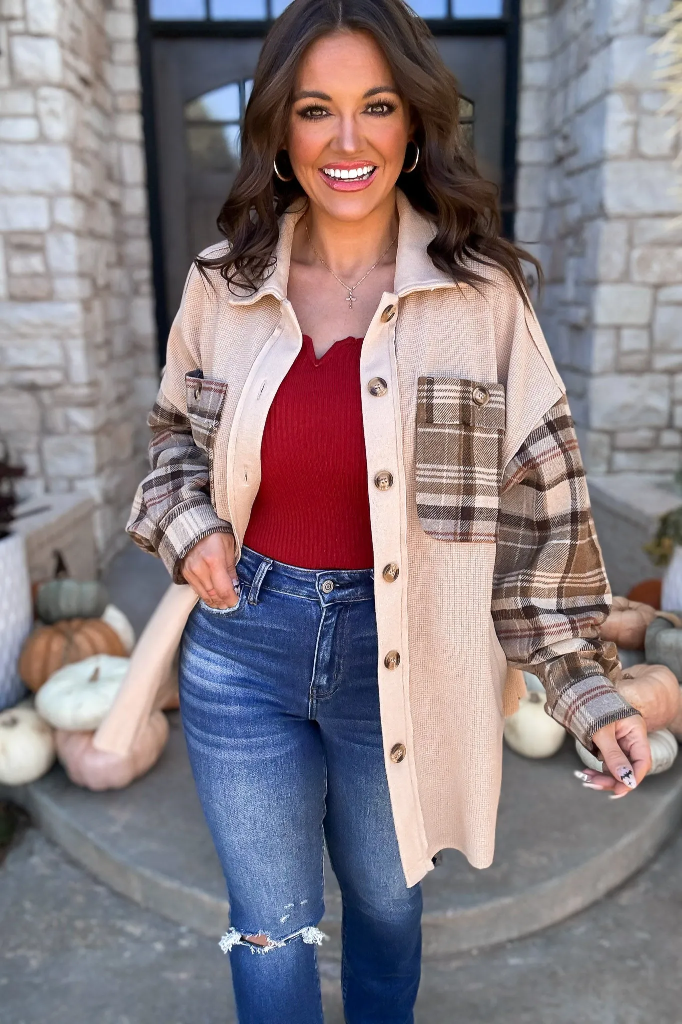 Perfectly In Season Oatmeal Thermal Knit Plaid Shacket