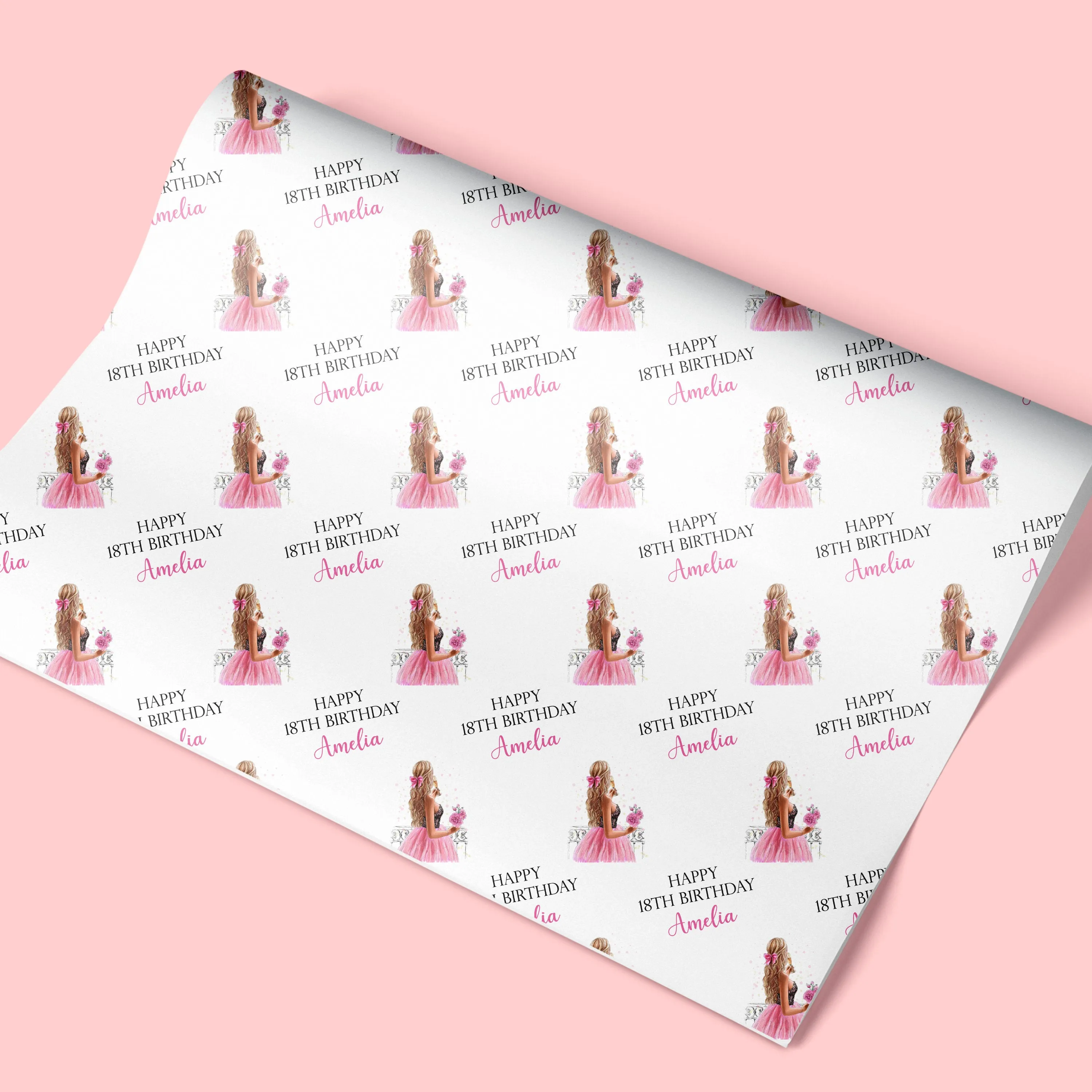 Personalised Birthday Wrapping Paper Girl Pink Dress