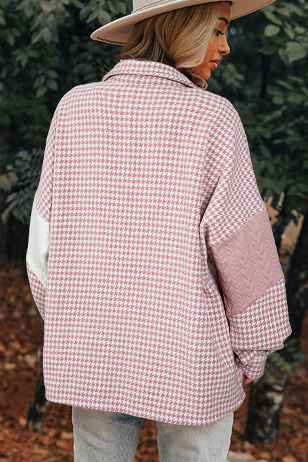 Pink Houndstooth Color Contrast Textured Patchwork Loose Shacket