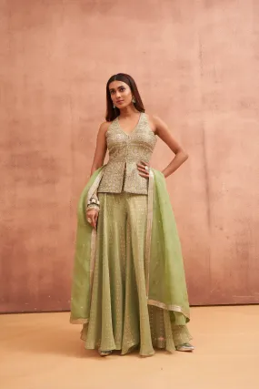 Pistachio Green Hand Embroidered Georgette Silk Palazzo Set