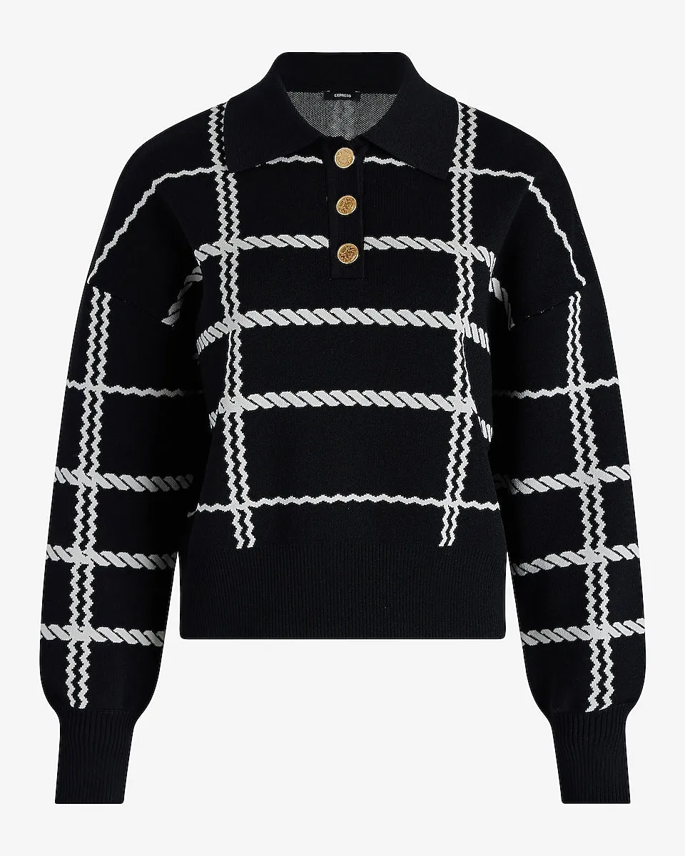 Plaid Novelty Button Polo Sweater in Pitch Black