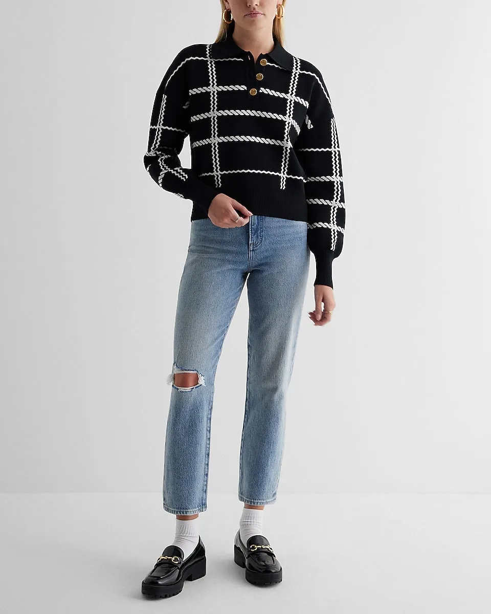 Plaid Novelty Button Polo Sweater in Pitch Black